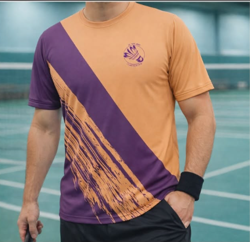 Maillot de badminton sublimé violet et orange personnalisé SportArticle